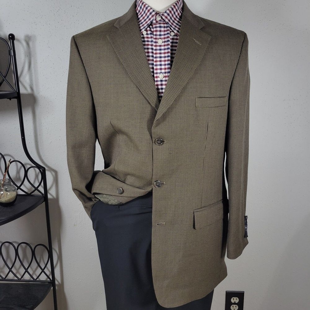 Haggar Men's Sport Coat Blazer Three Button Brown Poly Wool Houndstooth 42L